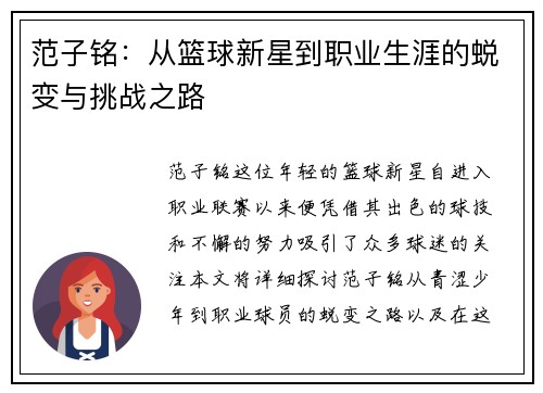 范子铭：从篮球新星到职业生涯的蜕变与挑战之路